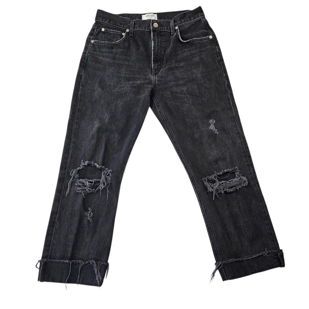 Agolde Cherie High Rise Straight Distressed Cuffed‎ Jeans Washed Black Size 28